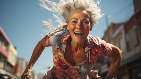 Elderly woman running outside on sunny day.の素材