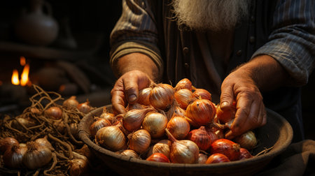 Farmer hands holding onions.の素材