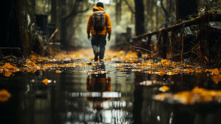 Man stands in a flooded water.の素材