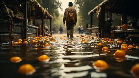 Man stands in a flooded water.の素材