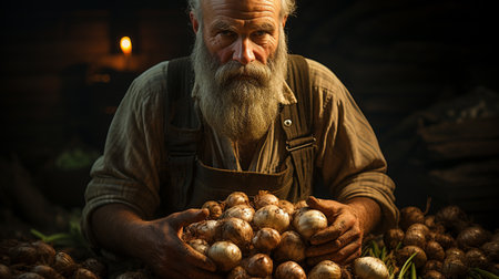 Farmer hands holding onions.の素材