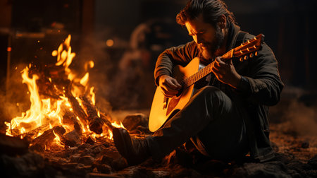 Playing guitar around a campfire.の素材