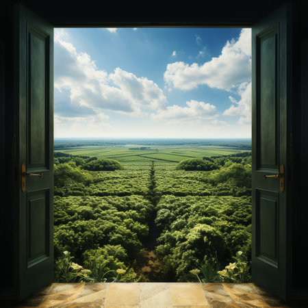 Open house door stands in a green landscape.の素材