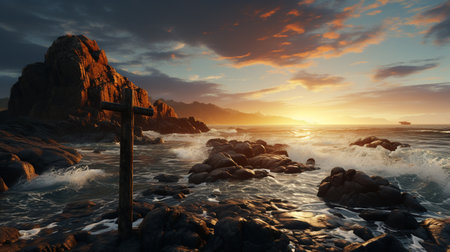 Christian cross at sunset.の素材