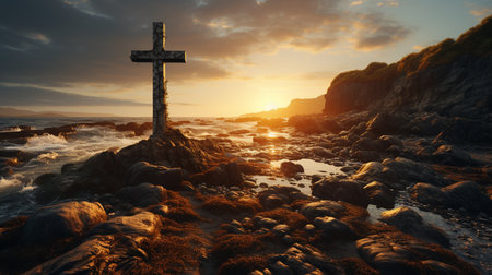 Christian cross at sunset.の素材