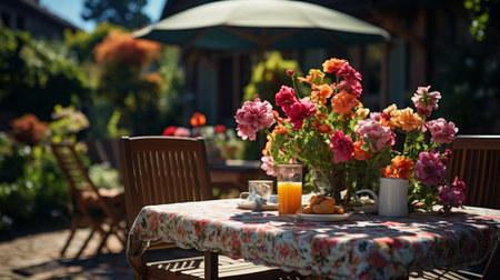 Garden table and parasol in the beautiful garden.の素材