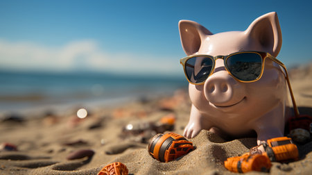 Piggy bank wearing sunglasses on the beach.の素材