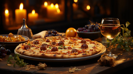 Pizza with wine at restaurant.の素材