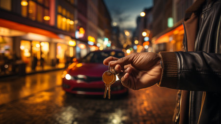 Human hand showing car keys over car background.の素材
