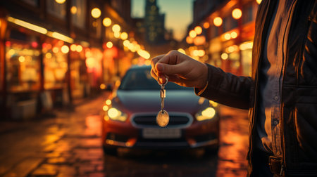 Human hand showing car keys over car background.の素材
