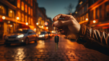 Human hand showing car keys over car background.の素材