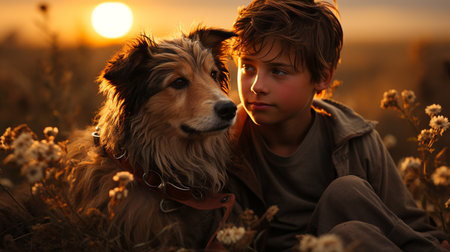 Boy with a dog at the field.の素材