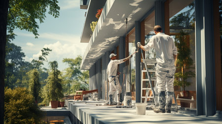 Worker painting in white paint in outdoor.の素材