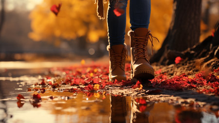 Female feets wearing boots walking in autumn park.の素材
