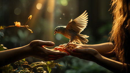 Human hand and dove in nature.の素材