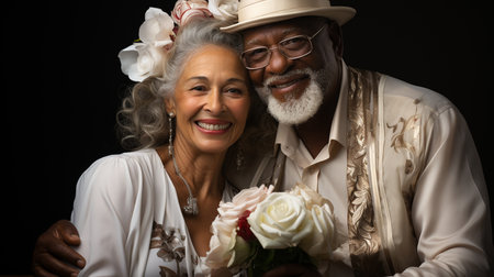 Portrait of black old couple in white outfit.の素材