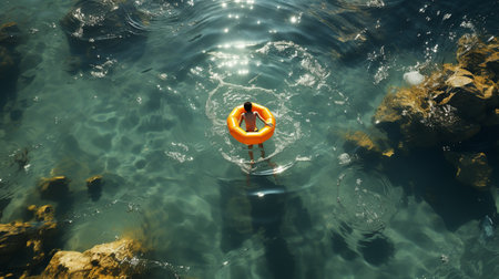 Top view of child in swimming pool floating on swimming ring.の素材