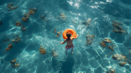 Top view of child in swimming pool floating on swimming ring.の素材
