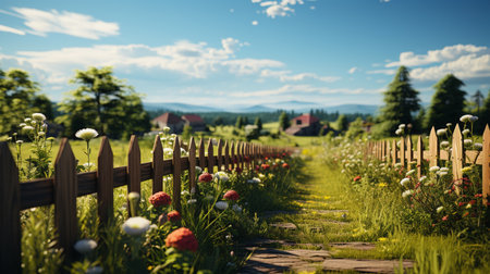 Wooden fence on green field background.の素材