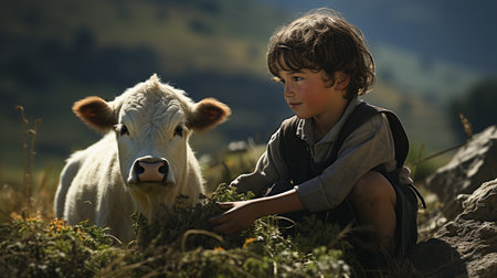 Child with a cow in the field.の素材