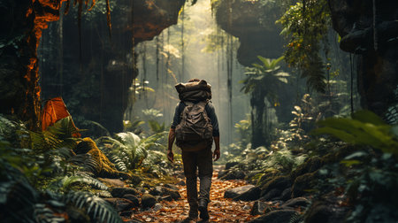 Back view of traveler in a backpack standing in a jungle road.の素材