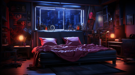 Bedroom with a neon lights at night.の素材
