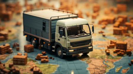 Small delivery truck on the world map.の素材