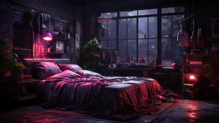 Bedroom with a neon lights at night.の素材