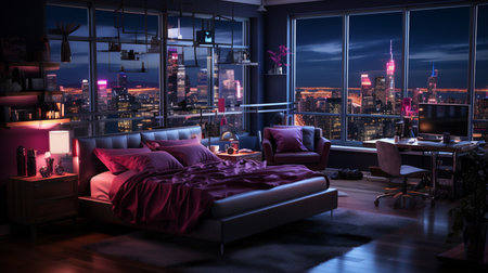 Bedroom with a neon lights at night.の素材