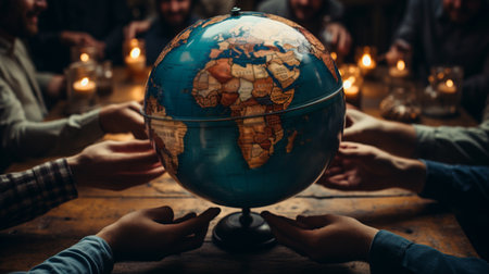 Group of people hands holding a globe earth.の素材