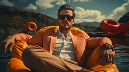 Businessman sitting on couch at sea.の素材