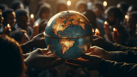 Group of people hands holding a globe earth.の素材