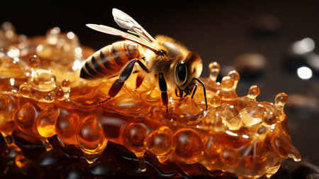 Bee on honey. Closeup view.の素材