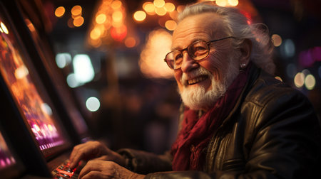 Elderly human playing slot machine in casino.の素材