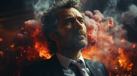 Businessman with a smoke and fire. Stress. Depressionの素材