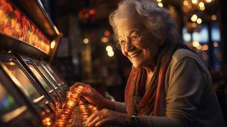 Elderly human playing slot machine in casino.の素材