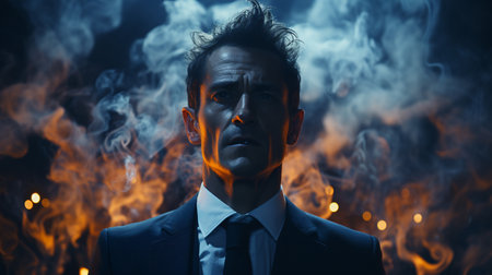 Businessman with a smoke and fire. Stress. Depressionの素材