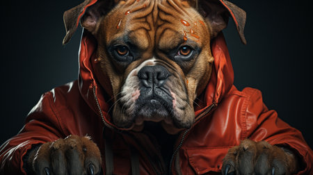 Bulldog wearing red leather clothes.の素材
