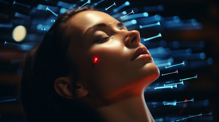 Acupuncture needles on woman face.の素材