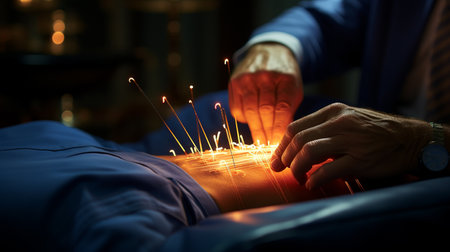 Needle and hands of physiotherapist doing a dry needling.の素材