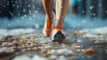 Female legs running on a snowy track.の素材