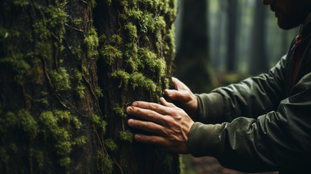 Human hand hugging trunk tree in forest.の素材