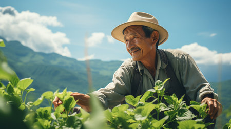 Japanese elderly farmer in green agricultural field.の素材