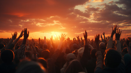 Raised human hand catching on sunset.の素材