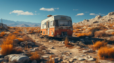 Old abandoned caravan in desert.の素材