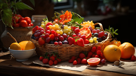 Fruits and wicker basket.の素材