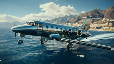 Private jet flight over sea.の素材