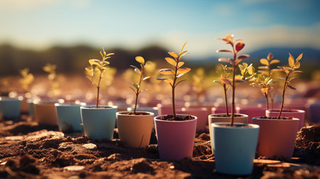 Growing small trees in a pots in the field.の素材