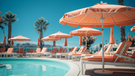 Swimming pool and umbrellas near beach.の素材