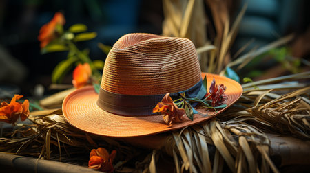 Straw hat in outdoors.の素材